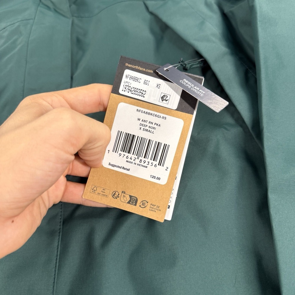 North Face Antora Rain Parka Jacket‎ XS Nori Green Dark Dryvent Zip Hooded Coat - Picture 5 of 13